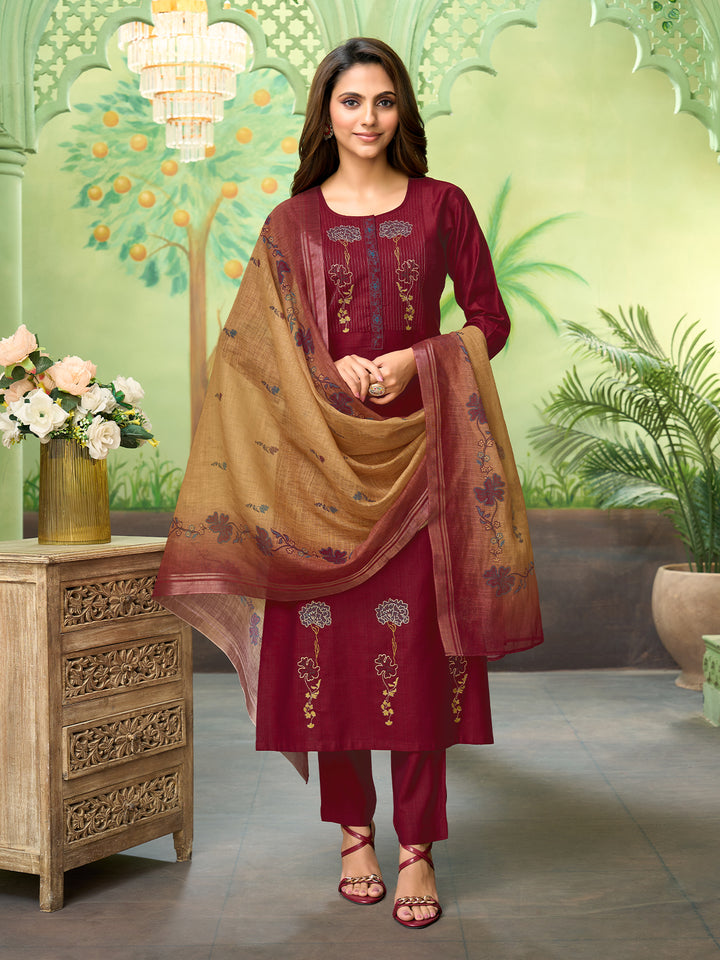Maroon Embroidered Suit Set with Dupatta