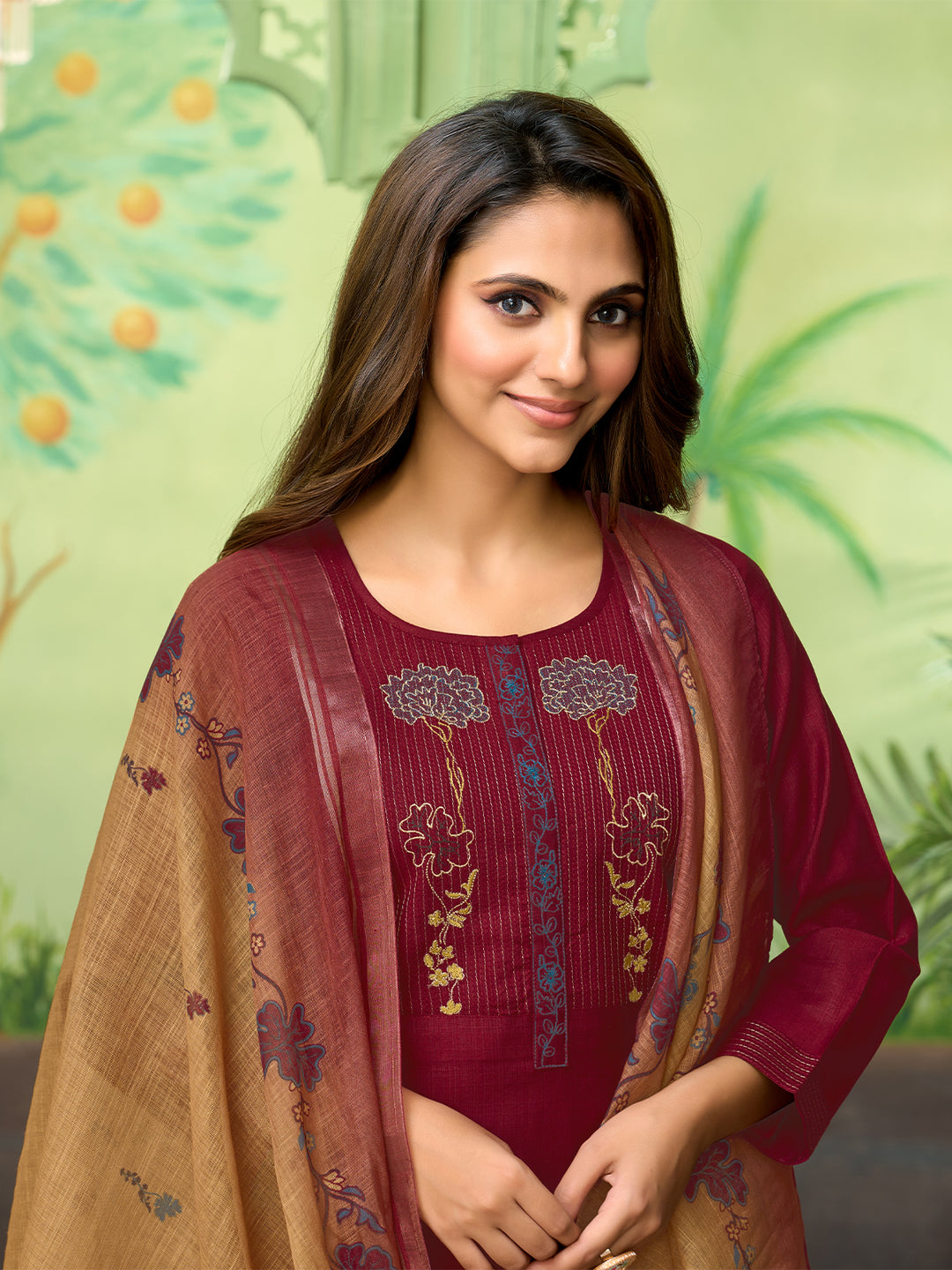 Maroon Embroidered Suit Set with Dupatta