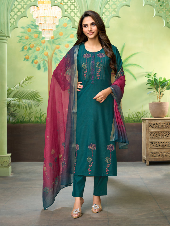 Deep Teal Embroidered Suit Set with Dupatta