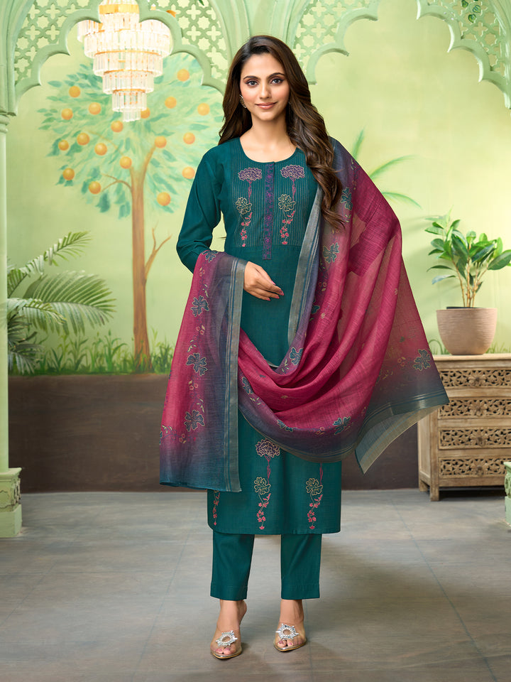 Deep Teal Embroidered Suit Set with Dupatta