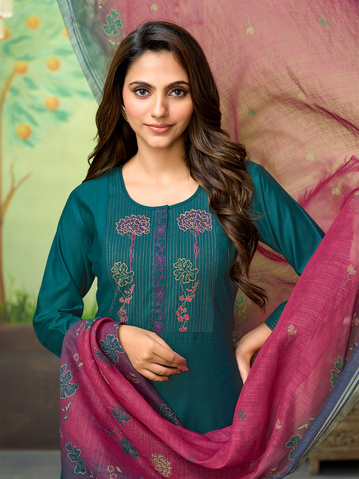 Deep Teal Embroidered Suit Set with Dupatta