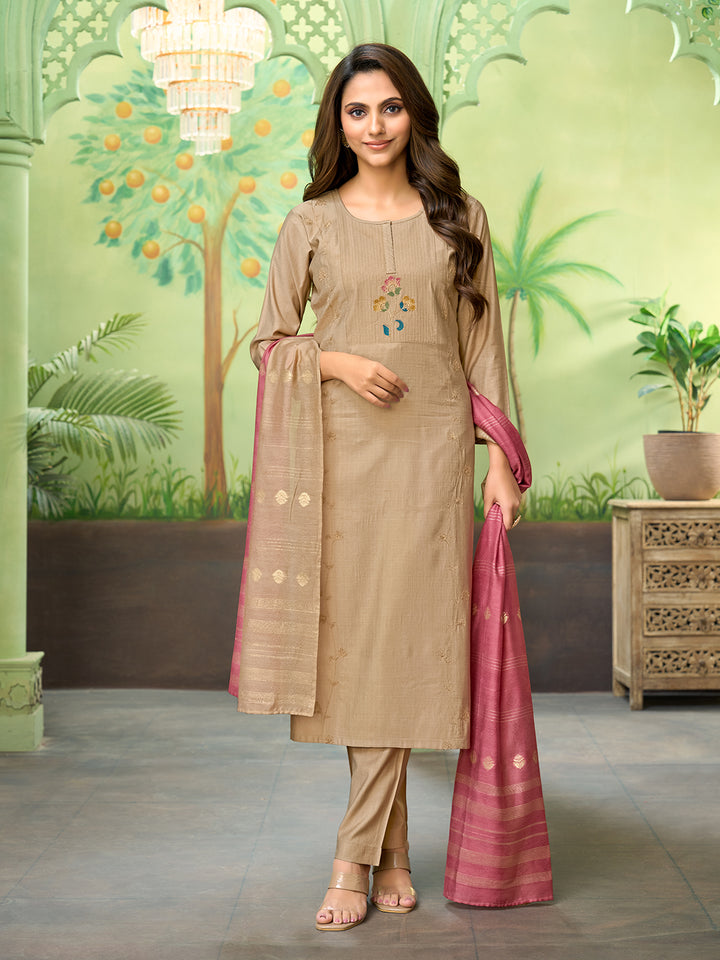 Beige Embroidered Suit Set with Dupatta