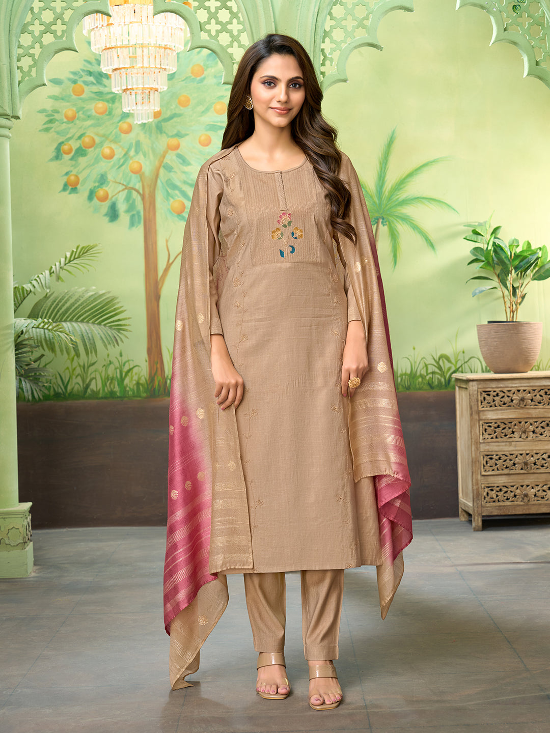Beige Embroidered Suit Set with Dupatta