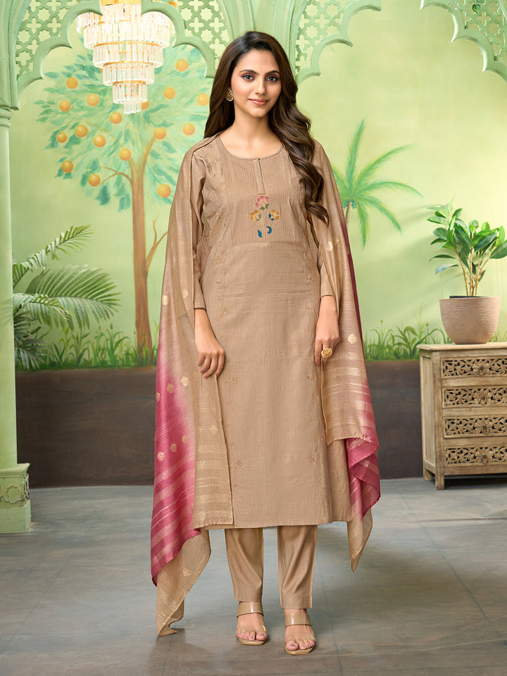 Beige Embroidered Suit Set with Dupatta