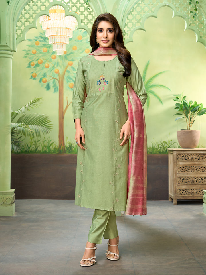 Pista Green Embroidered Suit Set with Dupatta