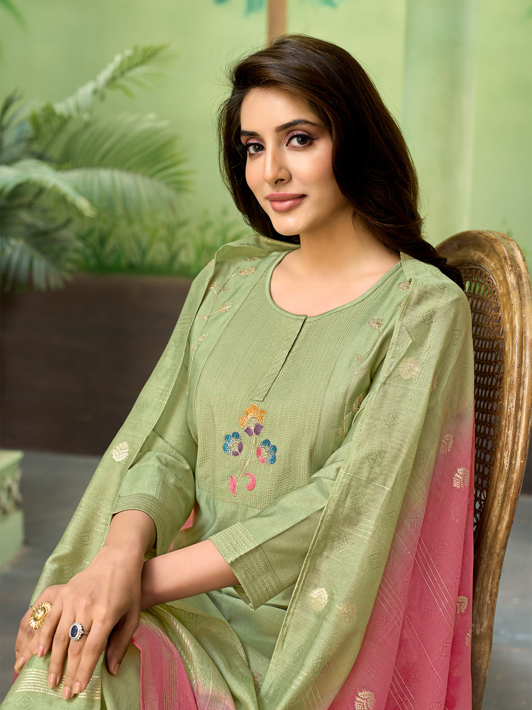 Pista Green Embroidered Suit Set with Dupatta