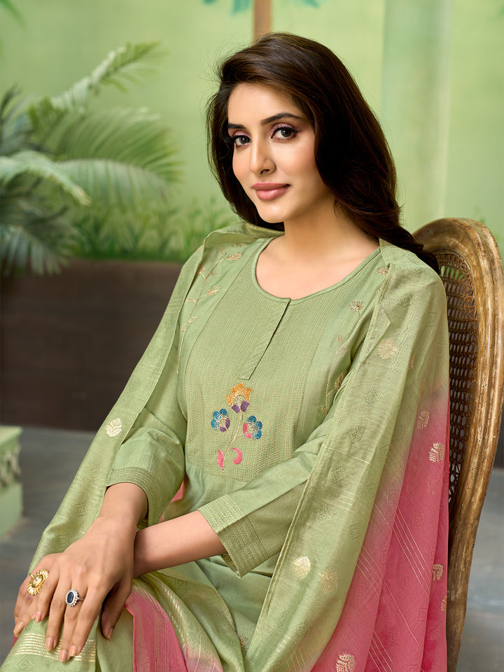 Pista Green Embroidered Suit Set with Dupatta