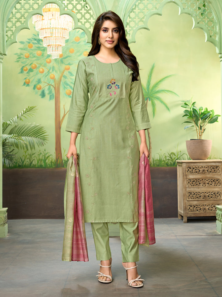 Pista Green Embroidered Suit Set with Dupatta