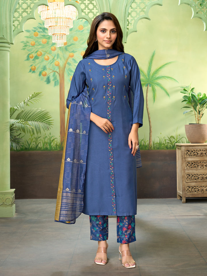 Denim Blue Embroidered Suit Set with Dupatta
