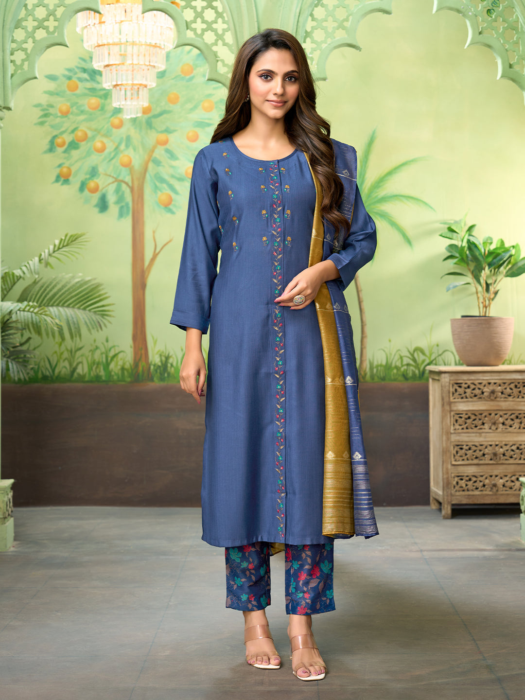 Denim Blue Embroidered Suit Set with Dupatta