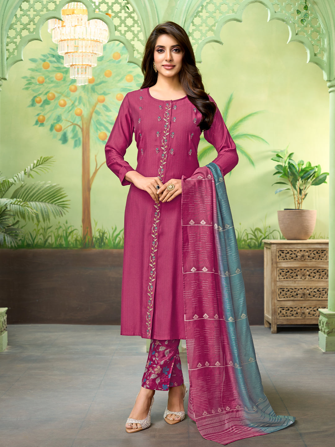 Pink Embroidered Suit Set with Dupatta