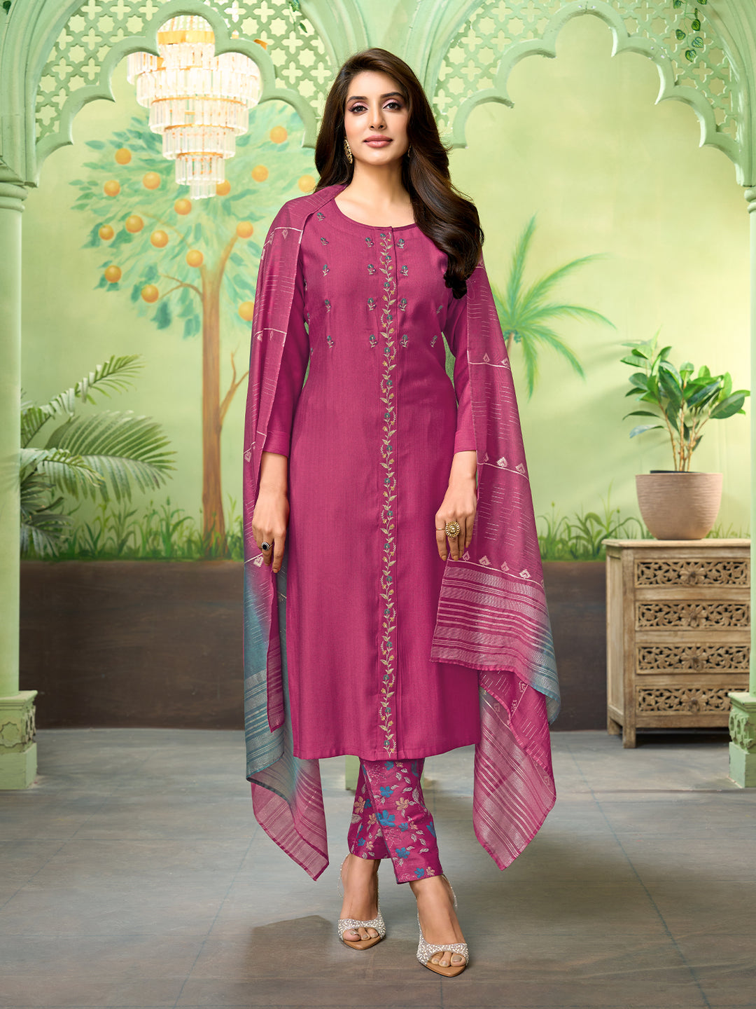 Pink Embroidered Suit Set with Dupatta