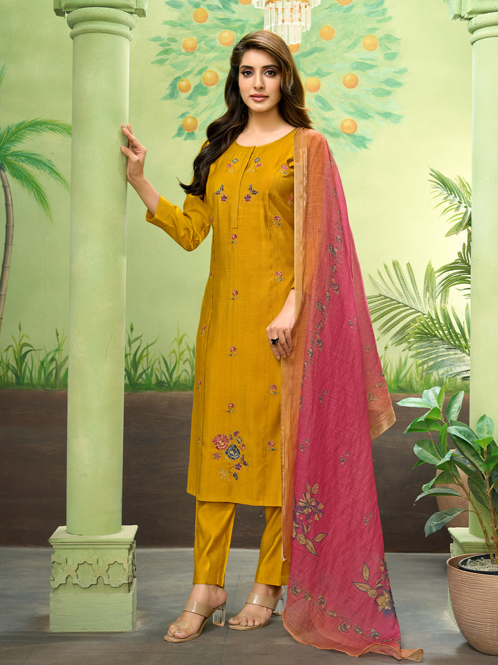 Yellow Embroidered Suit Set with Dupatta