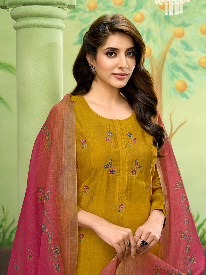 Yellow Embroidered Suit Set with Dupatta