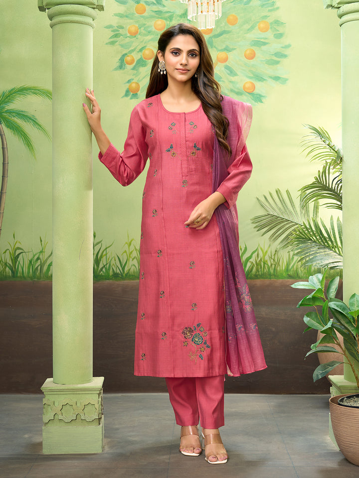 Coral Embroidered Suit Set with Dupatta