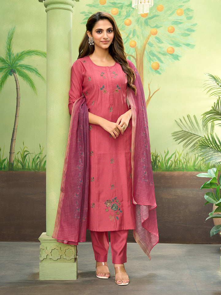 Coral Embroidered Suit Set with Dupatta