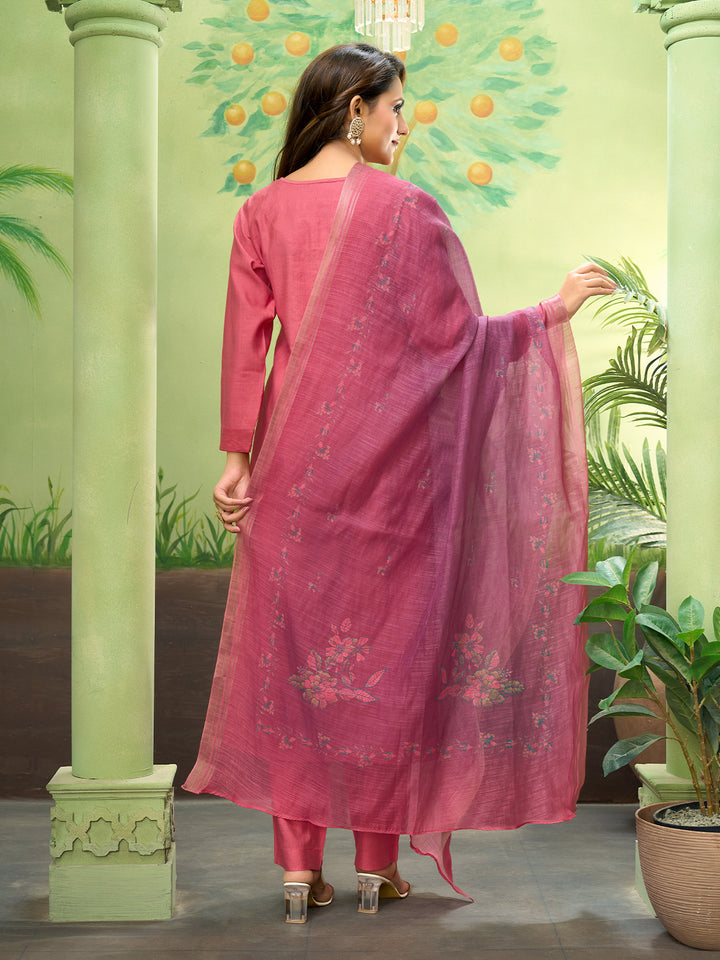 Coral Embroidered Suit Set with Dupatta