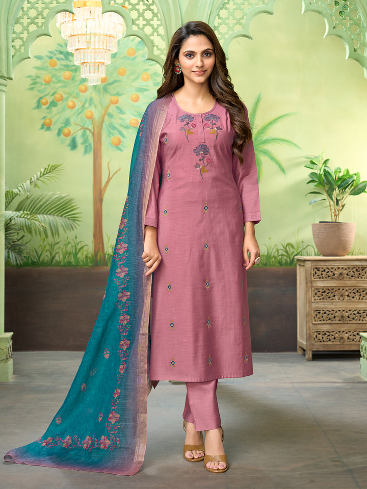 Dusty Pink Embroidered Suit Set with Dupatta