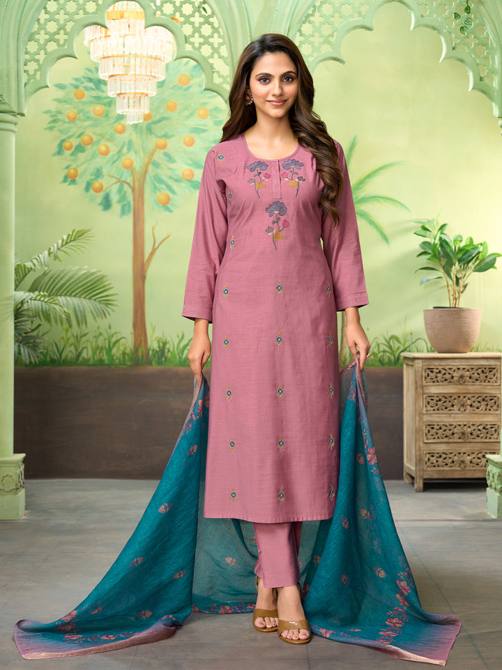 Dusty Pink Embroidered Suit Set with Dupatta