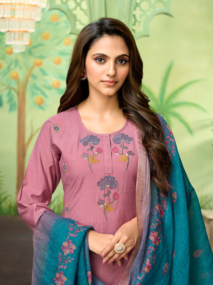 Dusty Pink Embroidered Suit Set with Dupatta