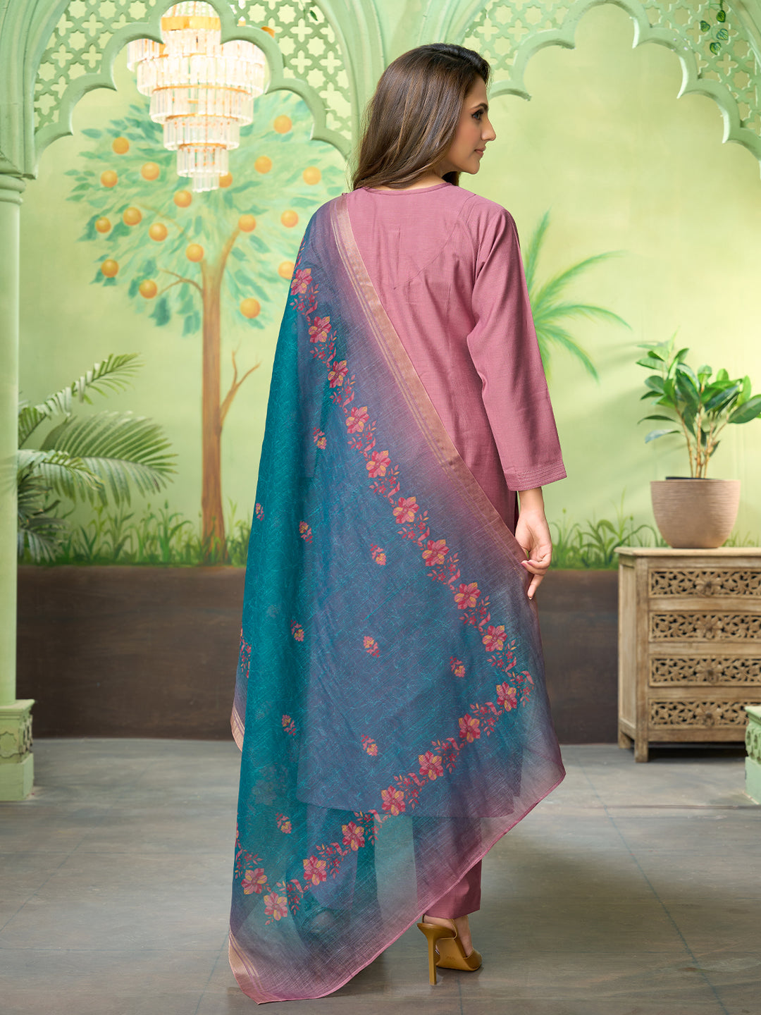 Dusty Pink Embroidered Suit Set with Dupatta