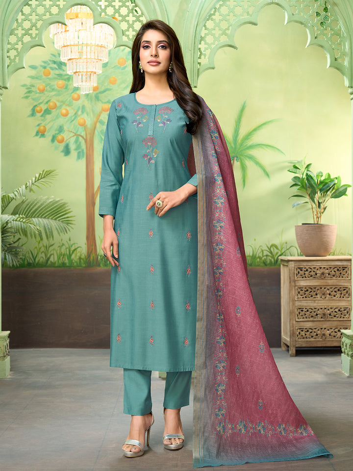 Teal Embroidered Suit Set with Dupatta