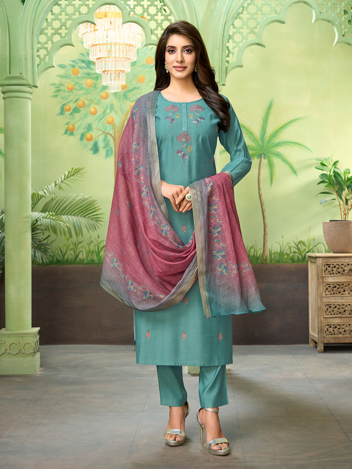 Teal Embroidered Suit Set with Dupatta