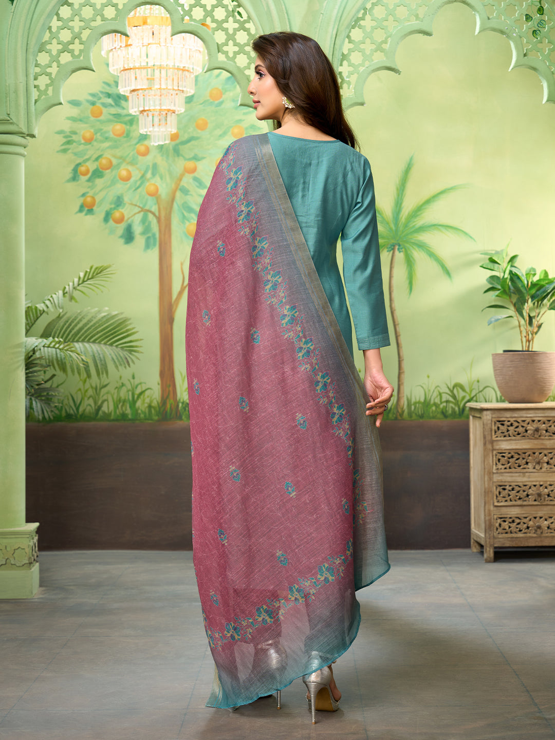 Teal Embroidered Suit Set with Dupatta