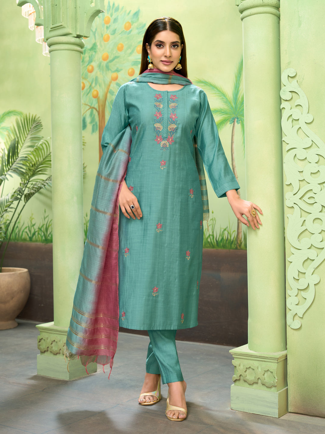Aqua Blue Embroidered Suit Set with Dupatta