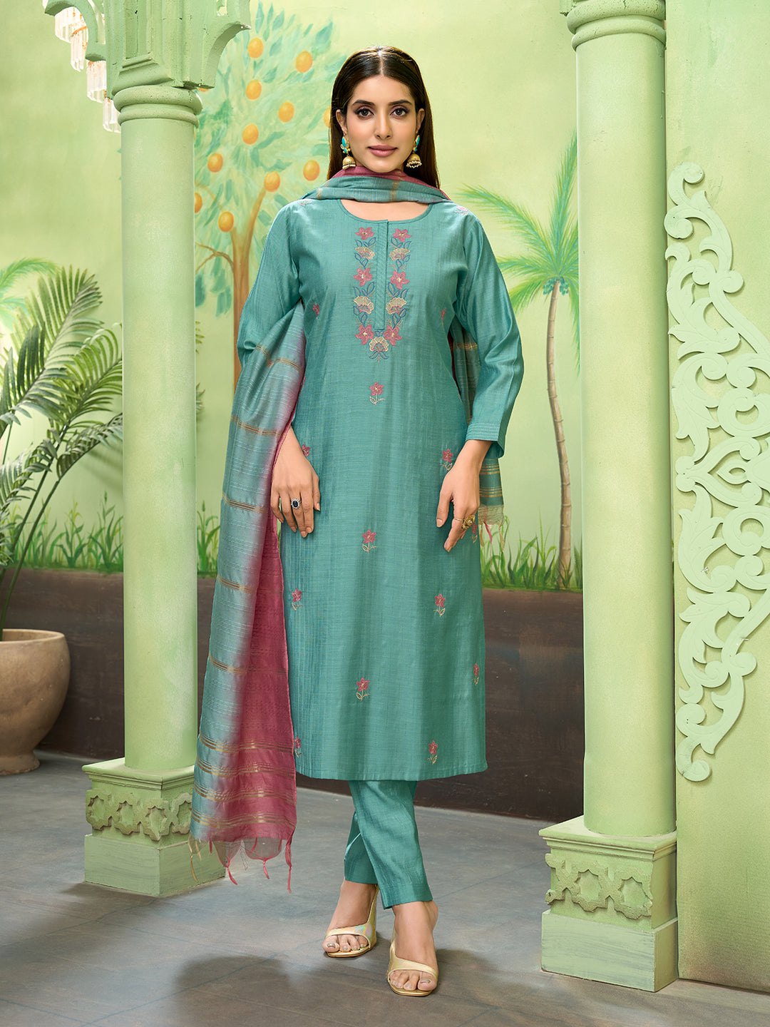 Aqua Blue Embroidered Suit Set with Dupatta