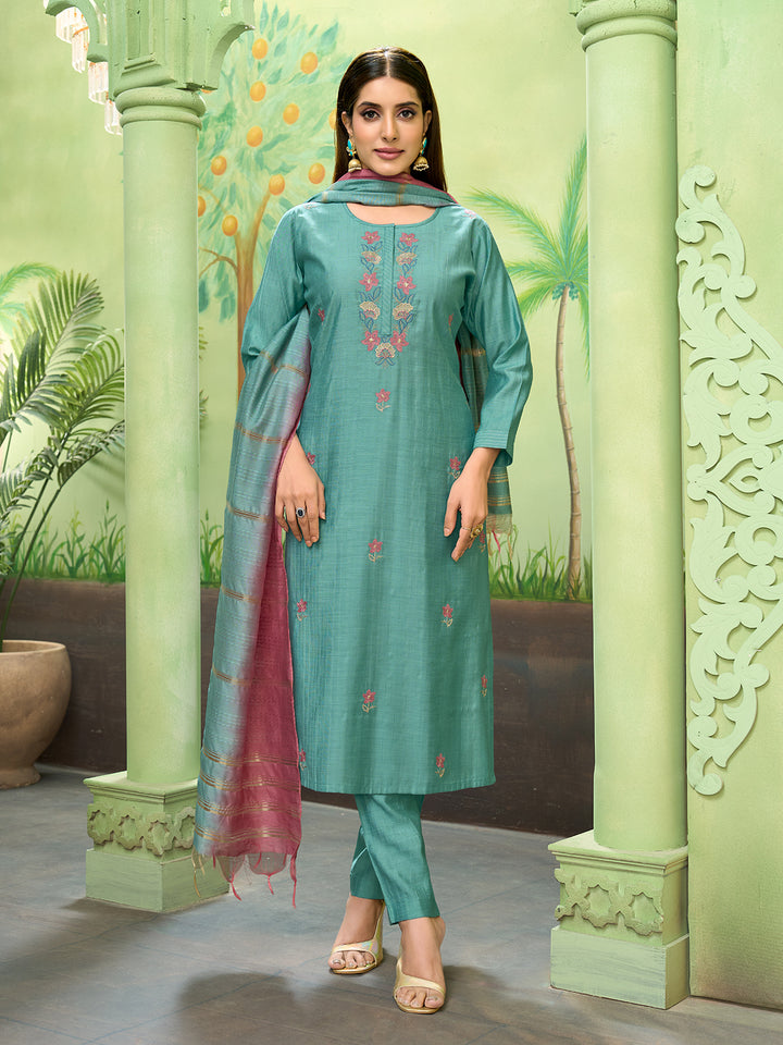 Aqua Blue Embroidered Suit Set with Dupatta
