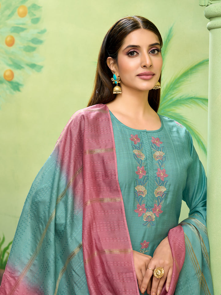 Aqua Blue Embroidered Suit Set with Dupatta