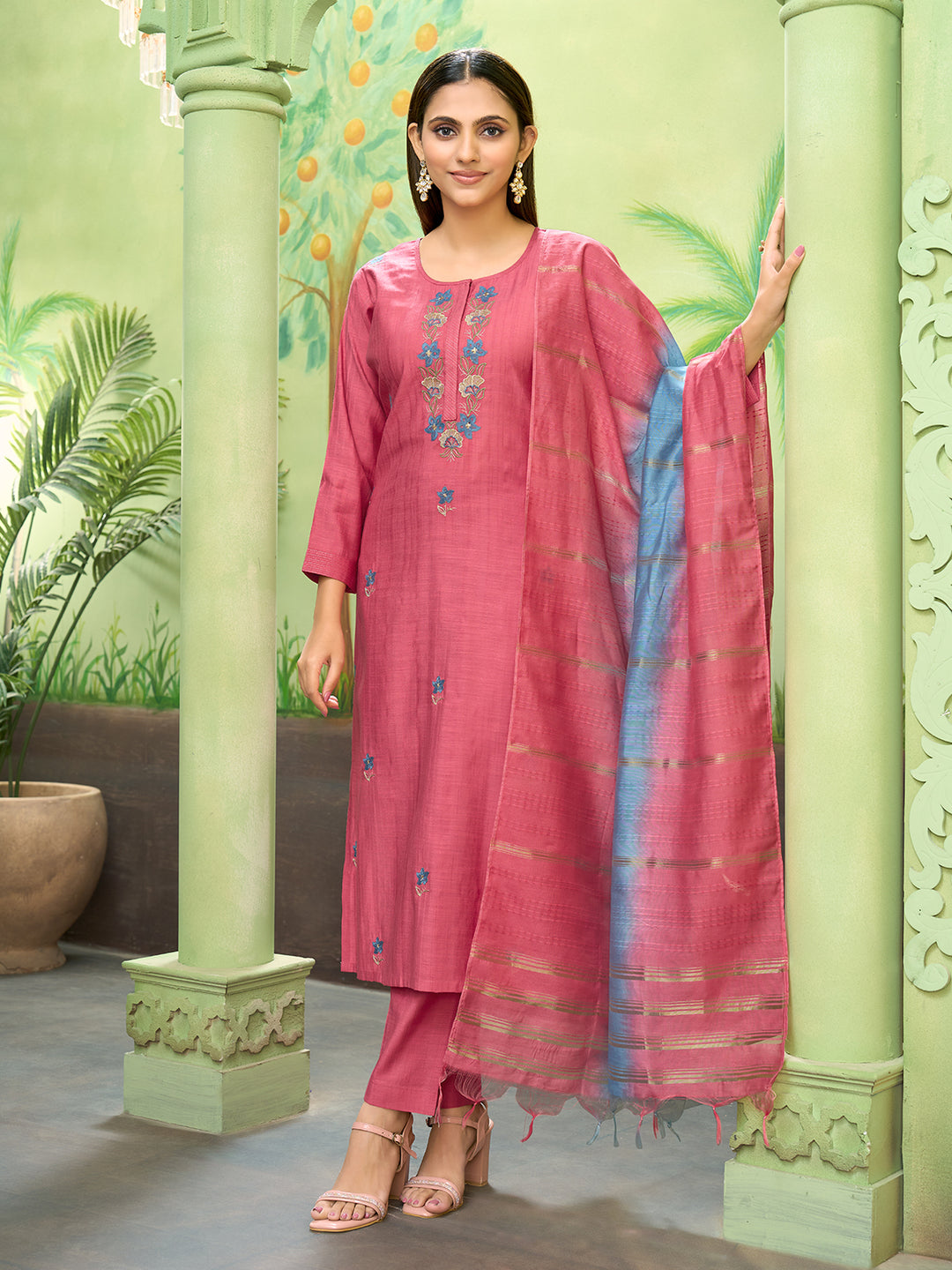 Rose Pink Embroidered Suit Set with Dupatta
