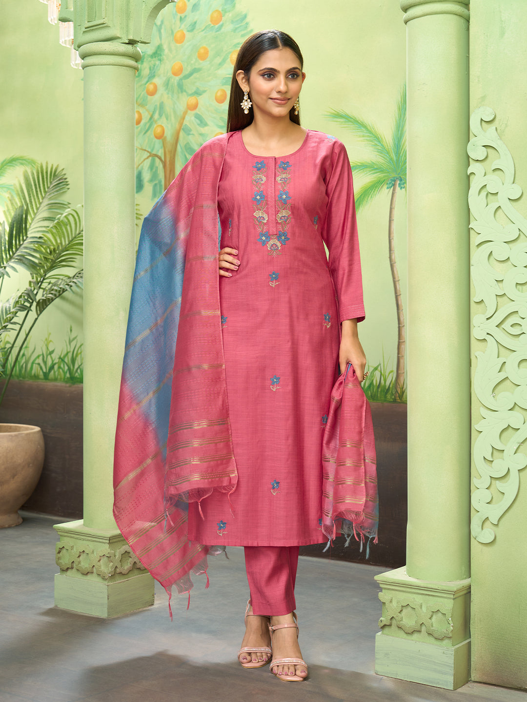 Rose Pink Embroidered Suit Set with Dupatta