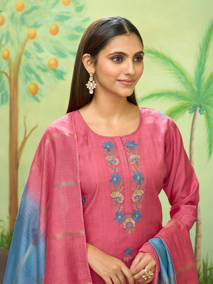 Rose Pink Embroidered Suit Set with Dupatta