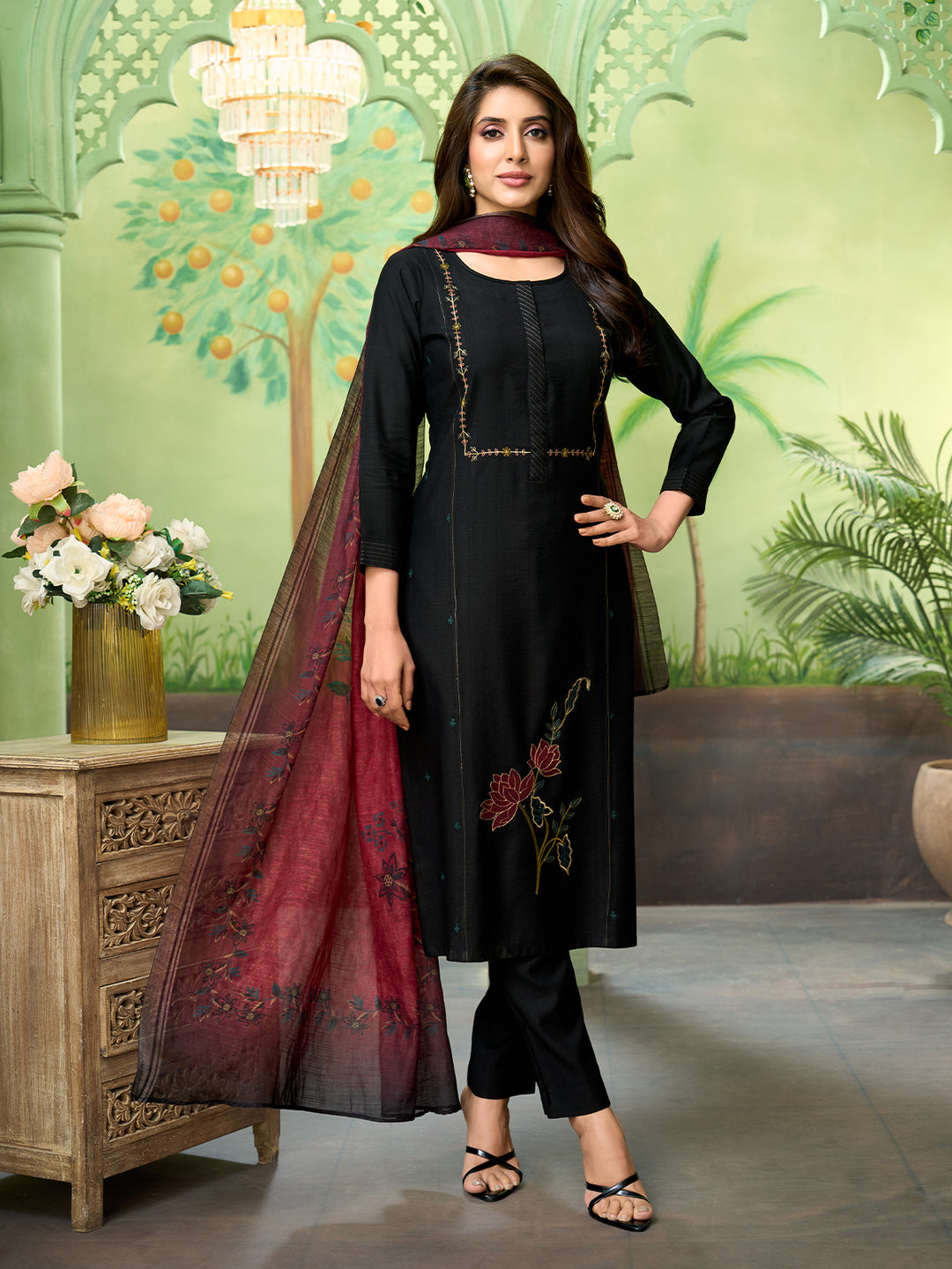 Black Embroidered Suit Set with Dupatta