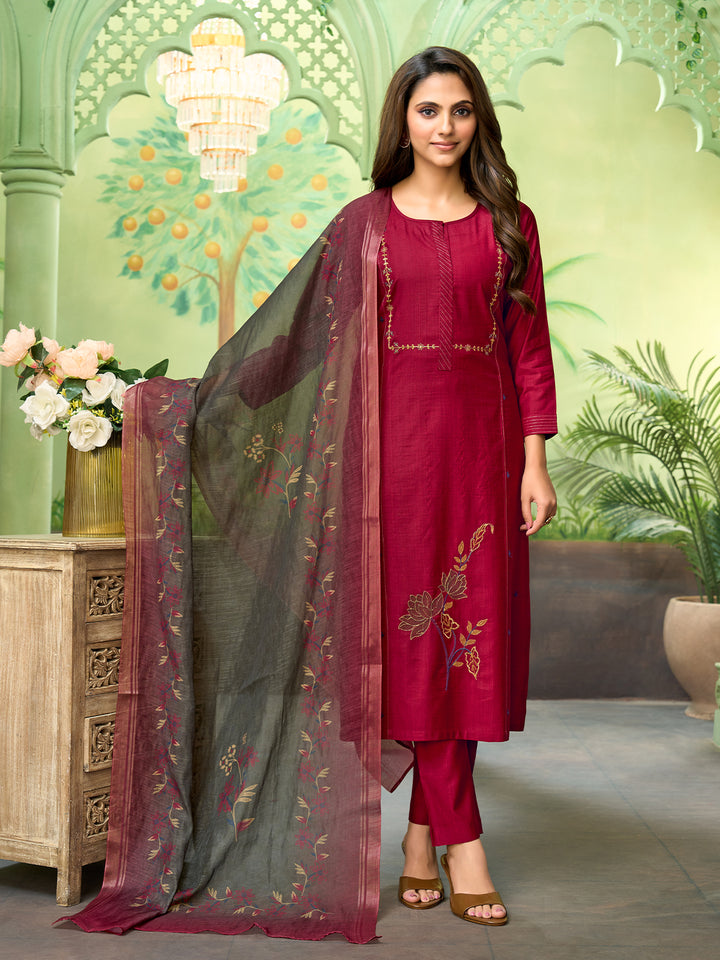 Maroon Embroidered Suit Set with Dupatta