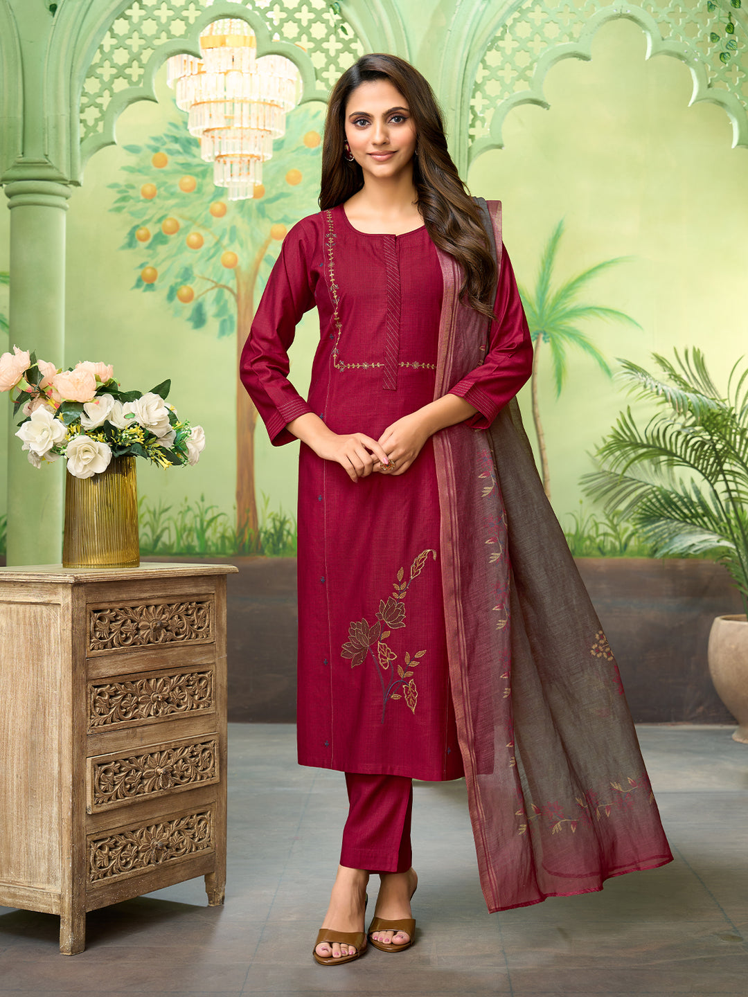 Maroon Embroidered Suit Set with Dupatta