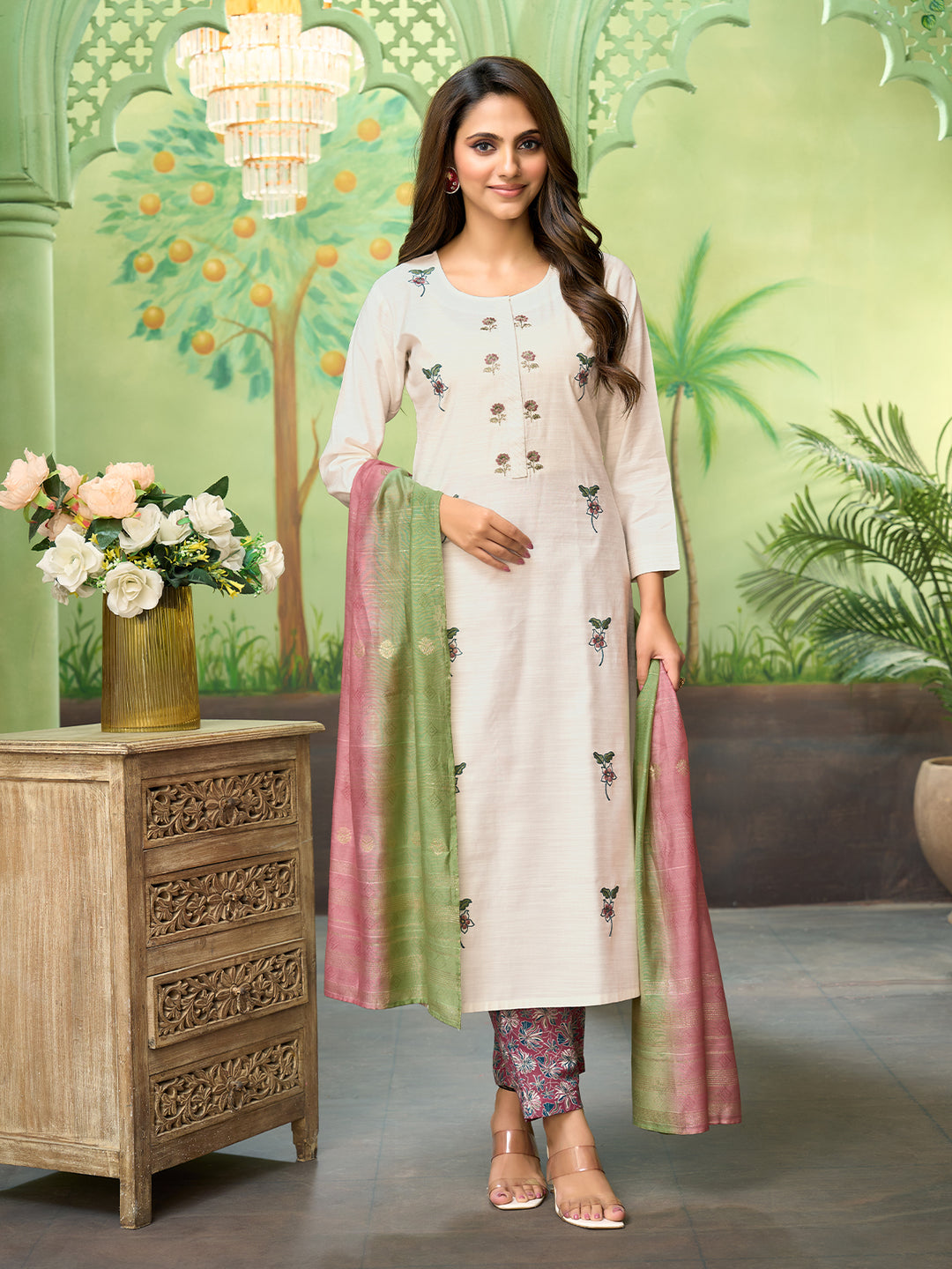 Cream Embroidered Suit Set with Dupatta