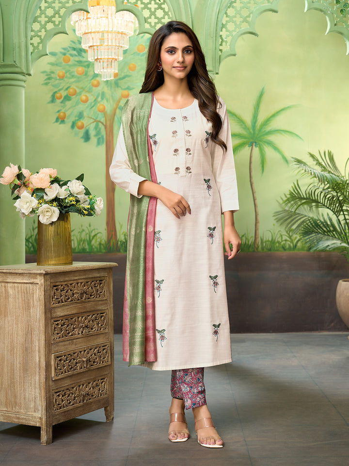 Cream Embroidered Suit Set with Dupatta