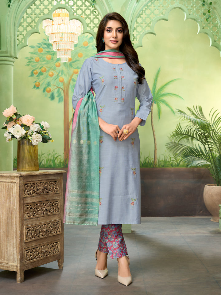 Sky Blue Embroidered Suit Set with Dupatta