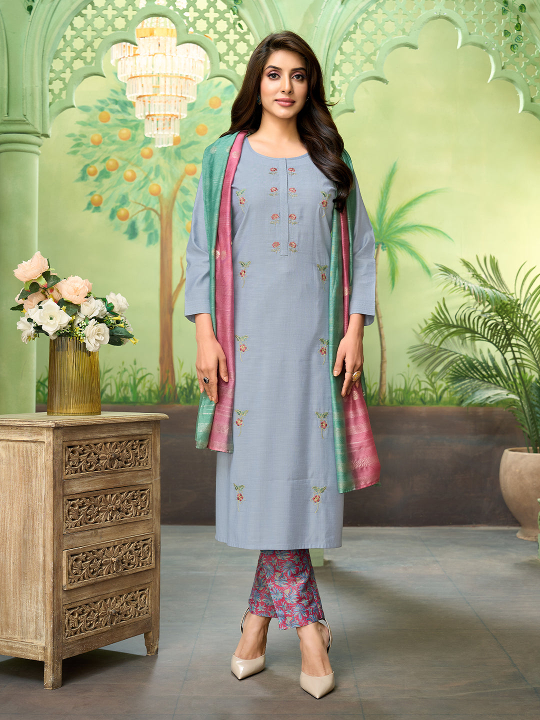 Sky Blue Embroidered Suit Set with Dupatta