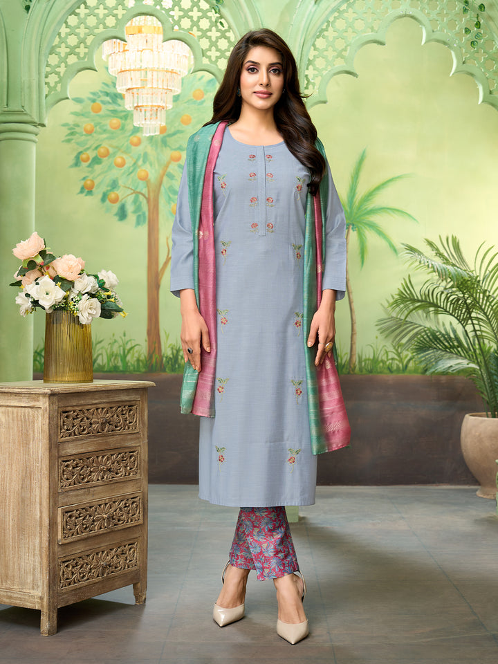 Sky Blue Embroidered Suit Set with Dupatta