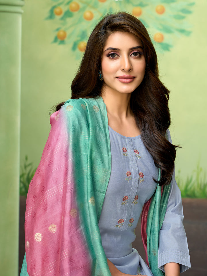 Sky Blue Embroidered Suit Set with Dupatta