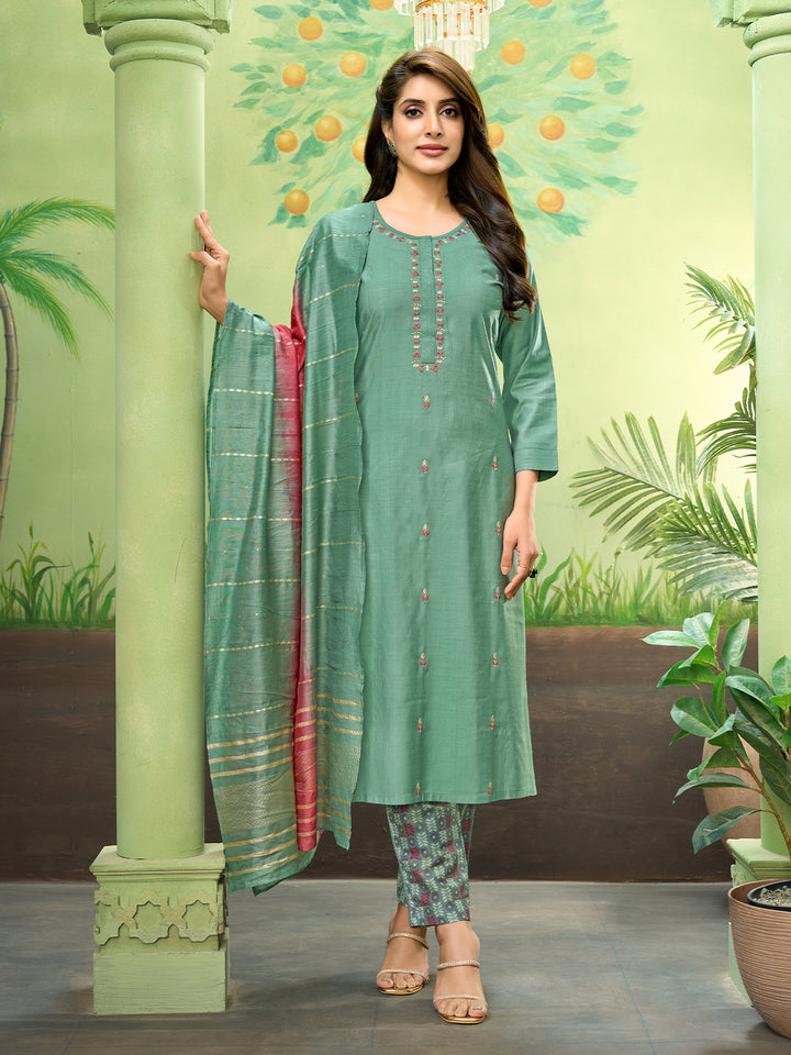 Sage Green Embroidered Suit Set with Dupatta