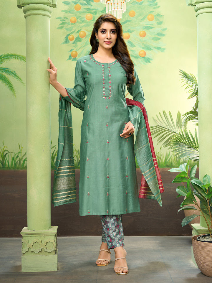 Sage Green Embroidered Suit Set with Dupatta