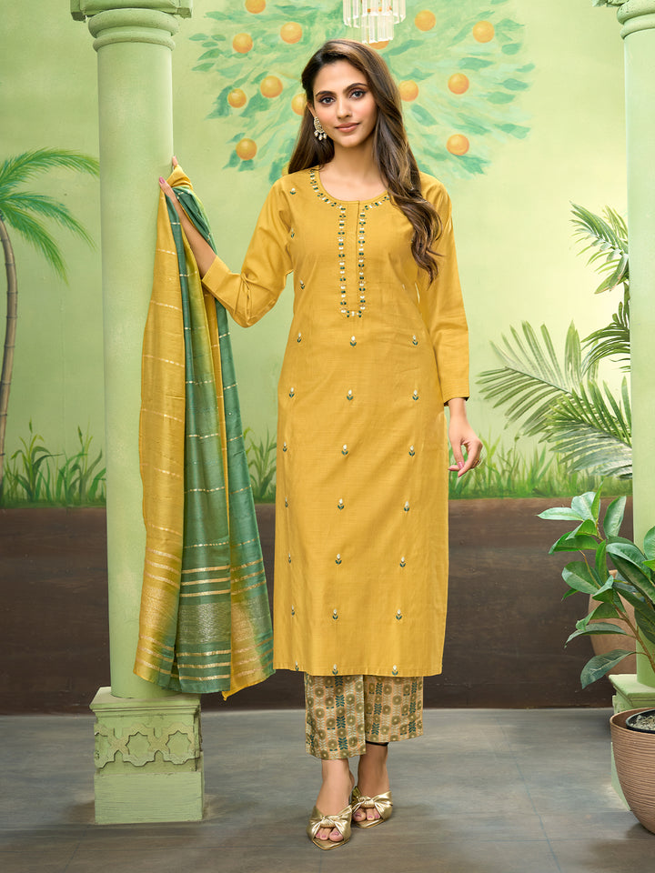 Yellow Embroidered Suit Set with Dupatta