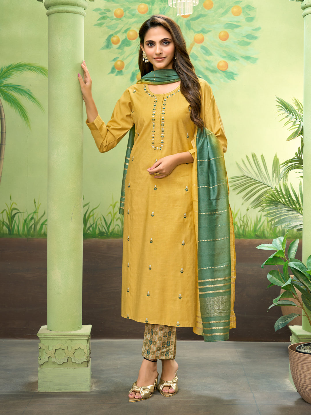 Yellow Embroidered Suit Set with Dupatta