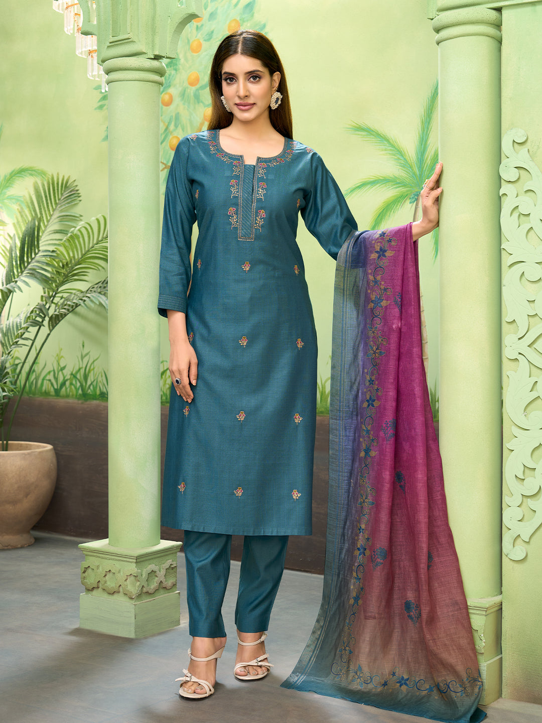 Teal Embroidered Suit Set with Dupatta