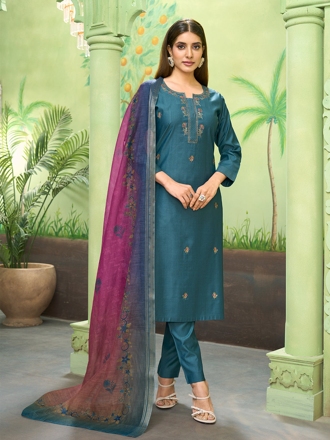 Teal Embroidered Suit Set with Dupatta